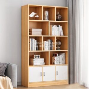 Rak Buku Minimalis Terbuka Dengan 3 Pintu
