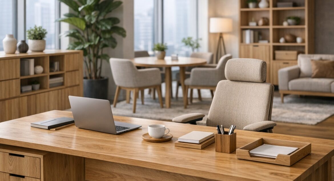 ilustrasi desain interior kantor modern dengan elemen biophilic dan furniture warna natural