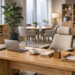 ilustrasi desain interior kantor modern dengan elemen biophilic dan furniture warna natural