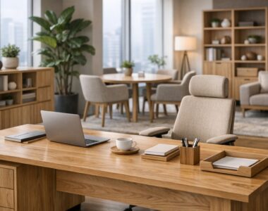 ilustrasi desain interior kantor modern dengan elemen biophilic dan furniture warna natural