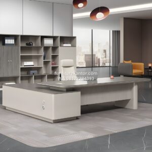 Meja Kantor Direktur Bentuk L Modern dengan Penyimpanan