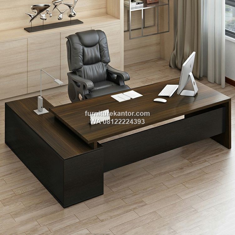 Meja Kantor Minimalis Modern Berbentuk L Shape dengan Rak