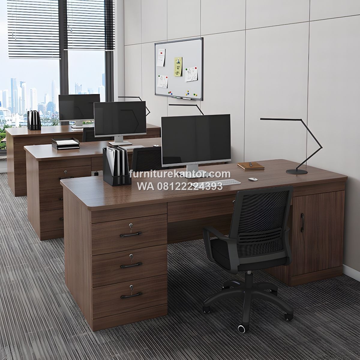 Meja Kantor Minimalis Warna Cokelat Dengan 3 Laci