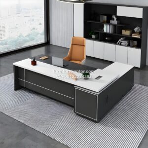 Meja Kantor Modern Bentuk L 3 Laci Warna Putih