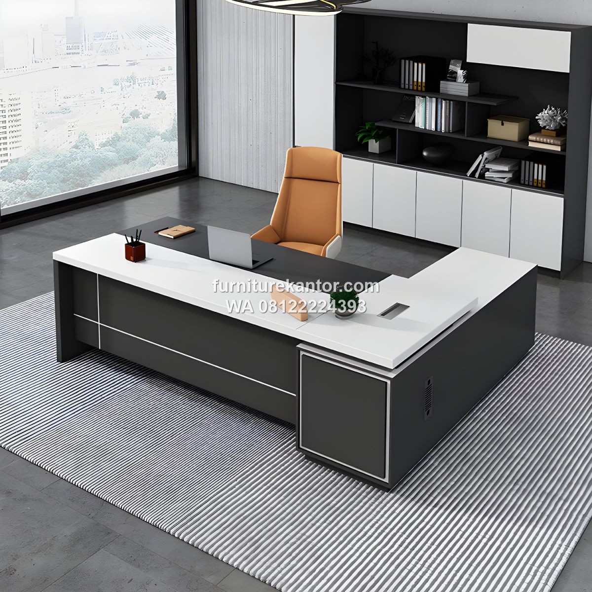 Meja Kantor Modern Bentuk L 3 Laci Warna Putih