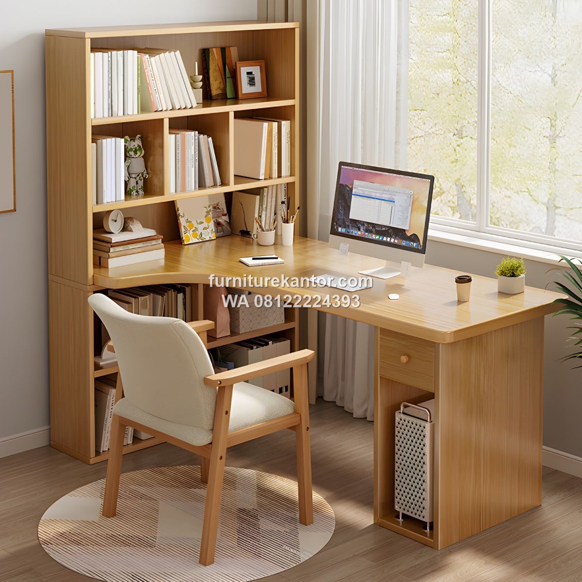 Meja Kerja Minimalis dengan Rak Buku dan Lemari untuk Kantor Rumah