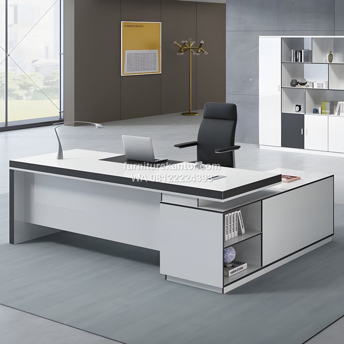 Meja Kantor Eksekutif Bentuk L Modern Warna Putih