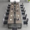 Meja Konferensi Kantor Sederhana Warna Walnut Kaki Besi 14 Orang