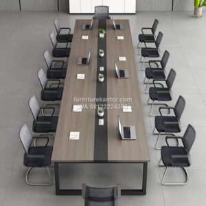 Meja Konferensi Kantor Sederhana Warna Walnut Kaki Besi 14 Orang