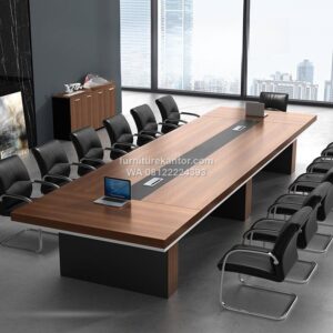 Meja Meeting Kantor HPL Persegi Panjang Cokelat untuk 14 Kursi