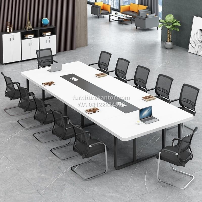 Meja Meeting Kantor Sederhana Warna Putih Kaki Besi Untuk 12 Orang