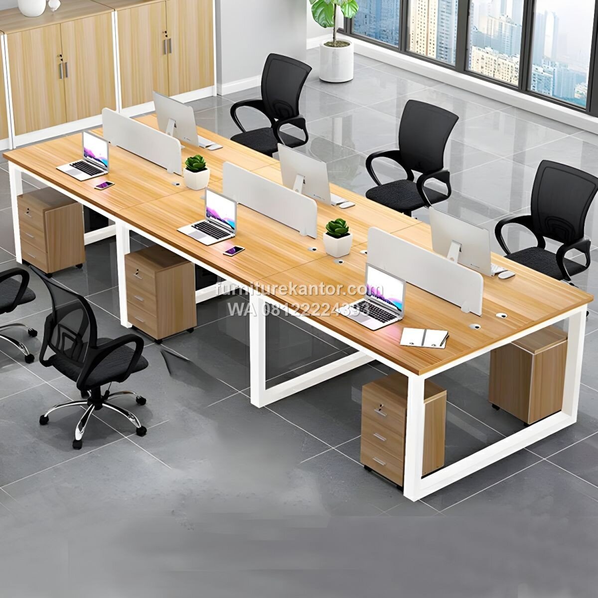 Meja Kerja Workstation Minimalis Kaki Besi Warna Natural