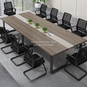 Meja Rapat Kantor Modern Motif Kayu Kaki Besi Hitam