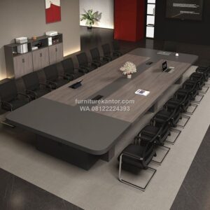 Meja Rapat Kantor Motif Walnut dengan Kotak Kabel Tengah
