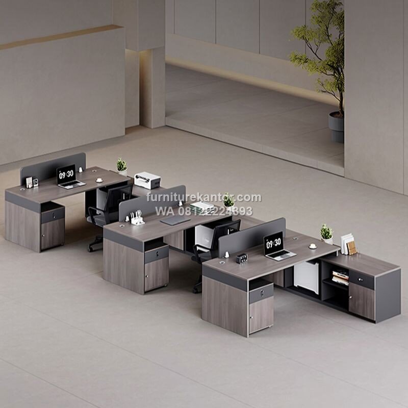 Meja Workstation L Shape Minimalis Untuk 3 Orang