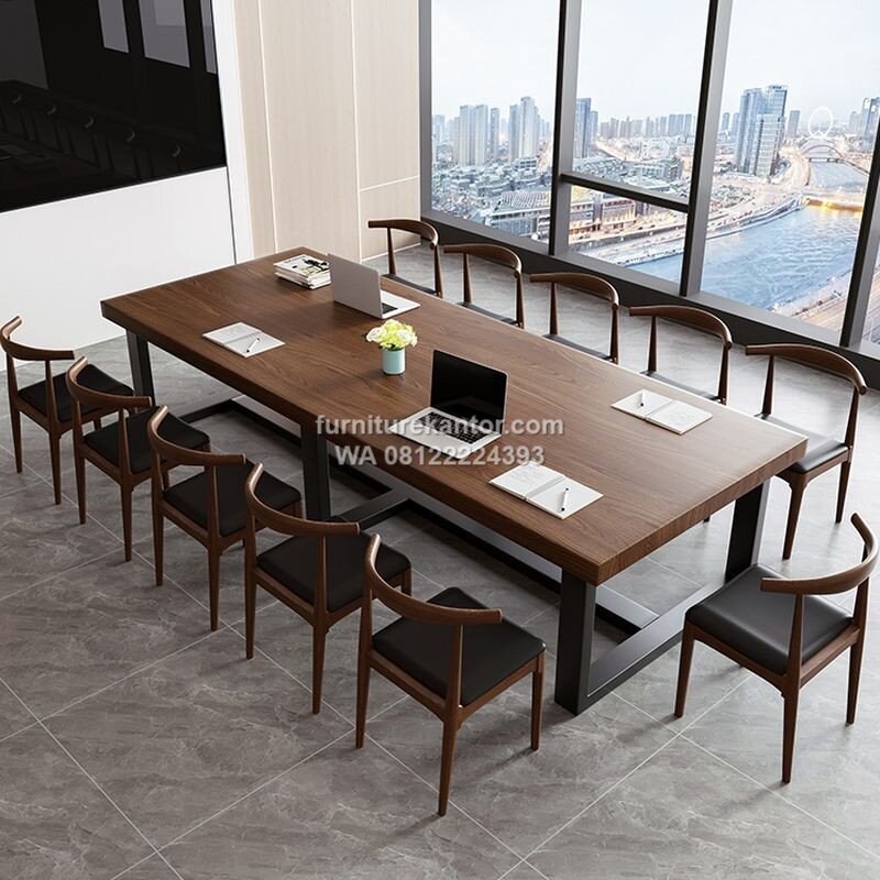 Set Meja Meeting Minimalis Warna Kayu Kaki Besi Hitam 12 Orang